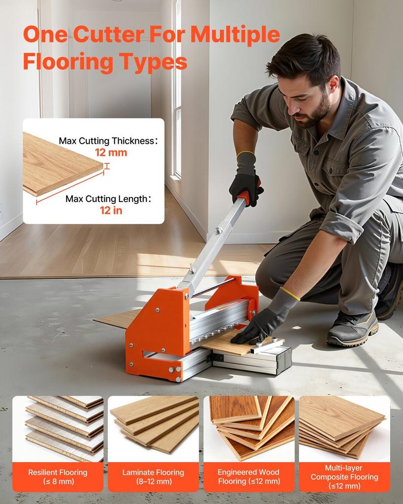 304.8mm Vinyl Floor Cutter, 12mm Thick Laminate Flooring Cutter with Upgraded Labor-Saving Aluminum-Alloy Lever, Telescoping Support Plate, Cuts