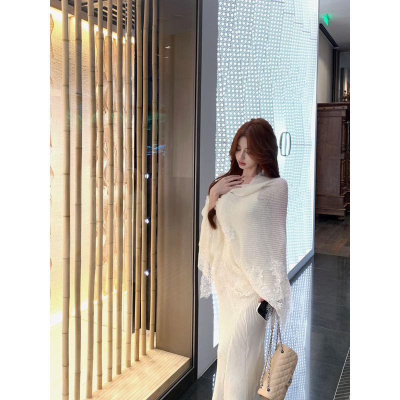 Kumikumi Pure Desire Style Suit Temperament Long Sleeve Knitting Cardigan Women's Autumn Lace Sling Dress Two-piece Set