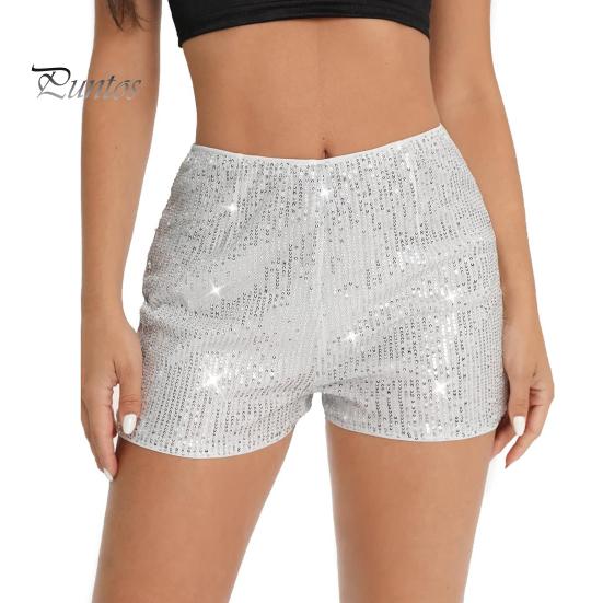 Women Shorts High Elastic Waist Shiny Sequin Solid Color Straight Slim Fit Soft Breathable Above Knee Length Club Party Beach Mini Shorts