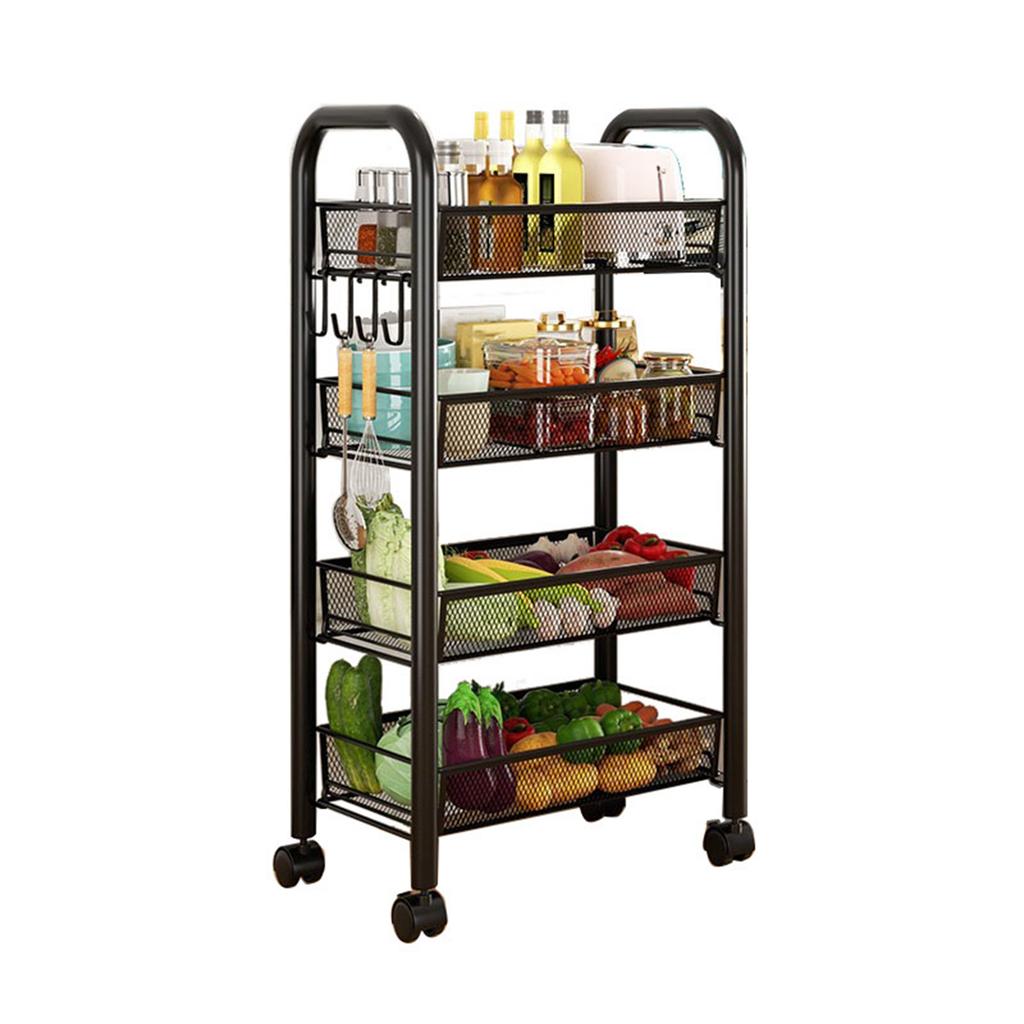 Rolling Storage Cart Layered Storage Shelves Multi Functional Movable Snack Vegetable Baskets Kitchen Shelves Black