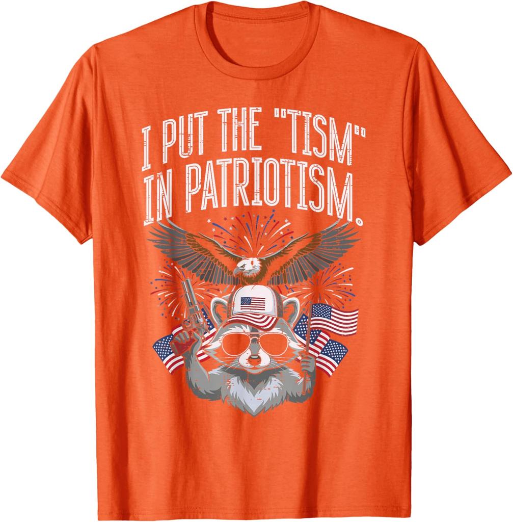 I Put The Tism In Patriotism Raccoon Funny Graphic Print Round Neck Cotton T Shirt Casual Tops