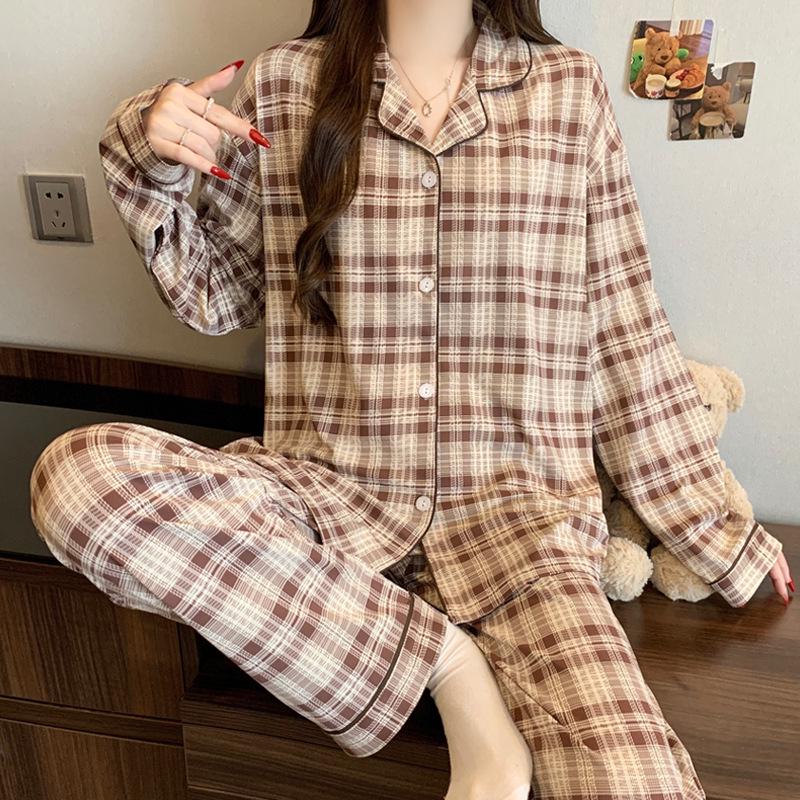 Plaid Long Sleeve Pajama Set with Pants – Spring & Autumn Style, Comfortable Home or Dorm Wear, Suitable for Outdoor Use