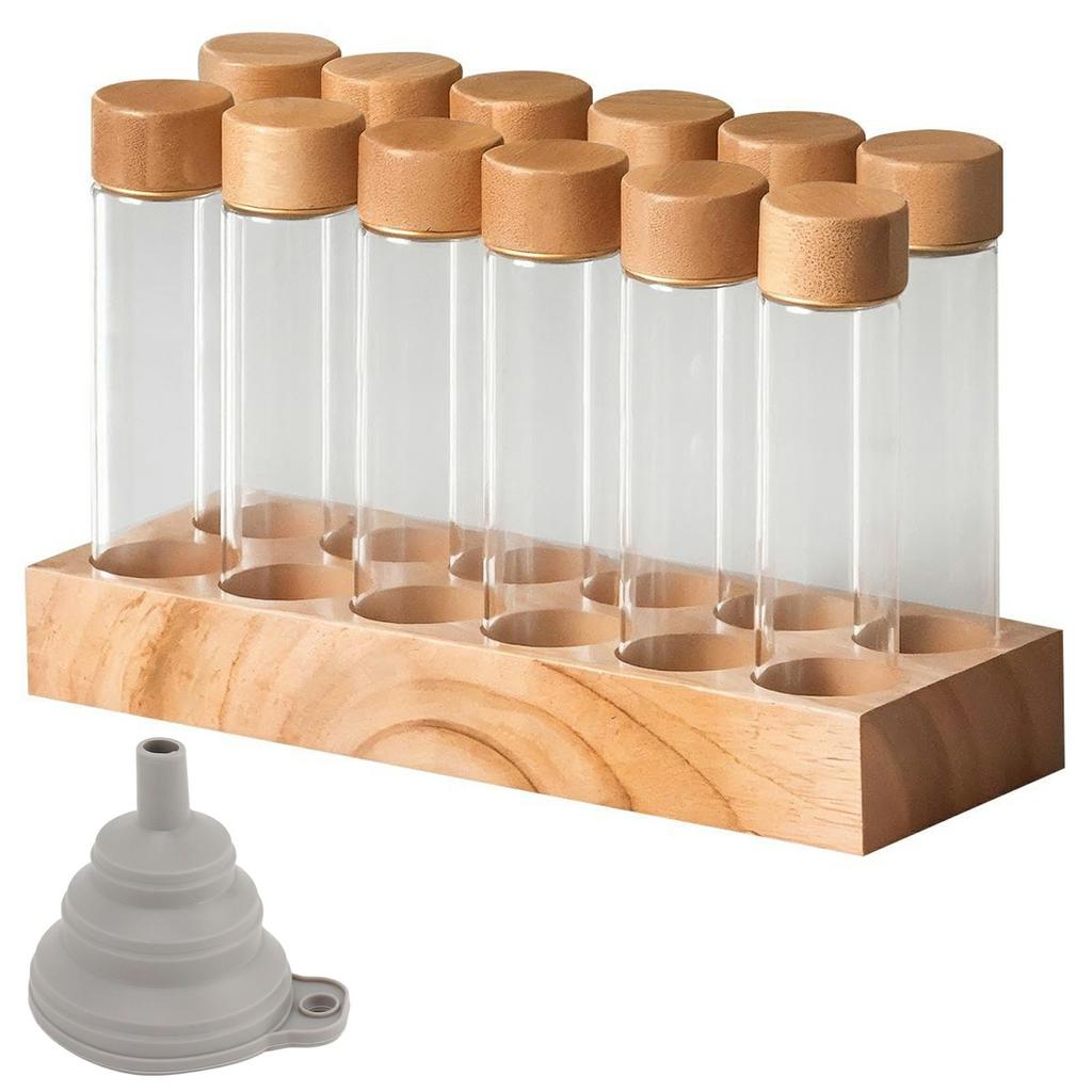 Wooden Base Coffee Bean Display Stand with 12 Clear Glass Tubes and Funnel for Cafe Bar Counter Storage