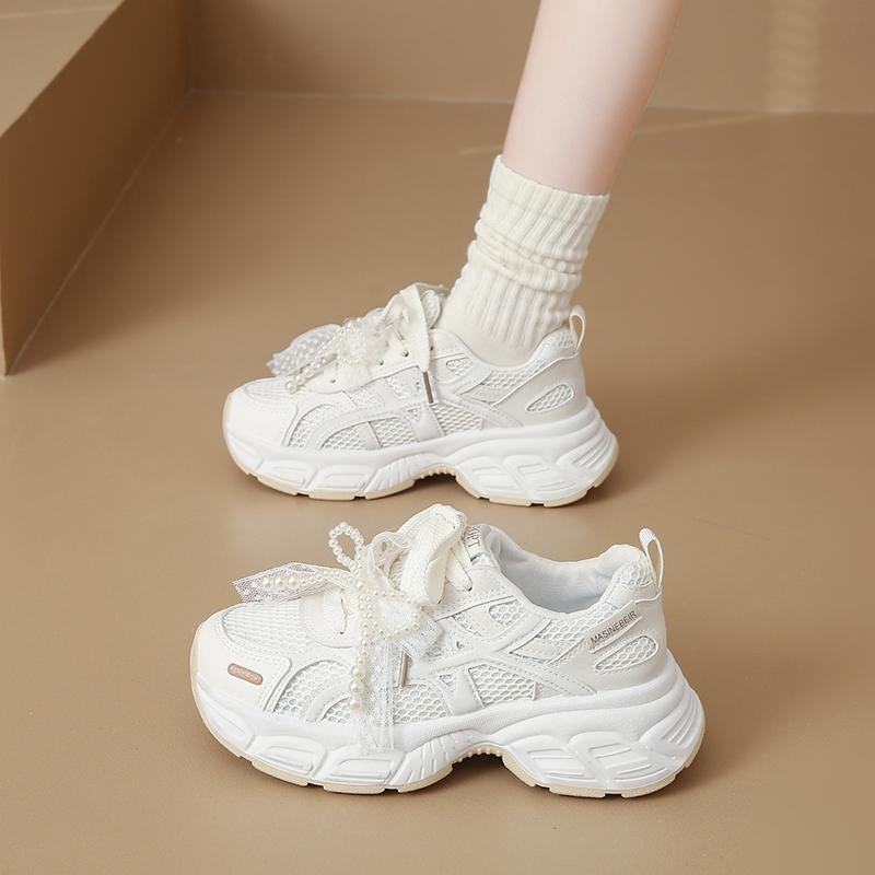 Fashion CRLAYDK Women's Chunky Sneakers Fashion Platform White Mesh Breathable Casual Dad Lace Shoes Ladies Wedge Walking Tennis