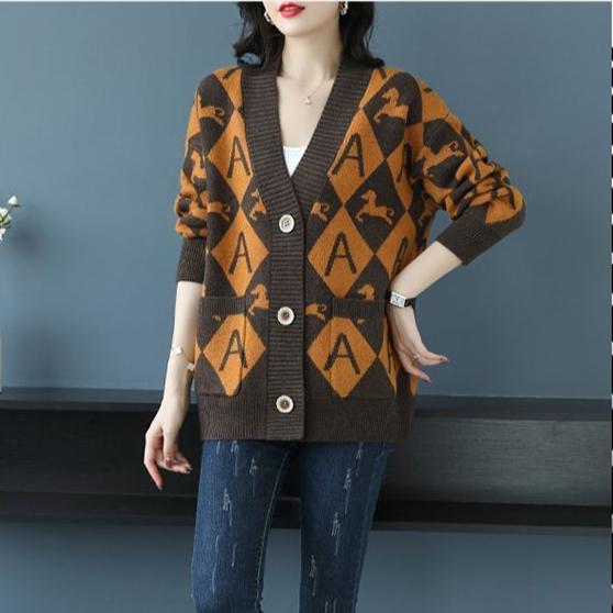 Women's Plus Size Knitted Cardigan Sweater Spring Autumn V-Neck Printed Knit Sweater Jacket Casual Loose Knit Jacket