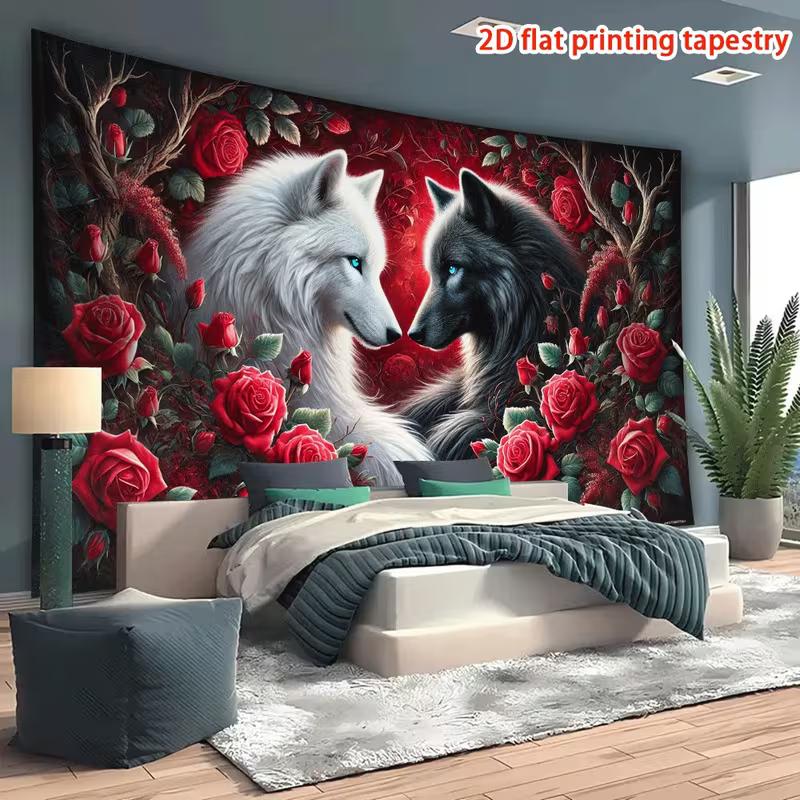 2D Gothic Wolf Couple Red Rose Tapestry Floral Wall Art Background Cloth