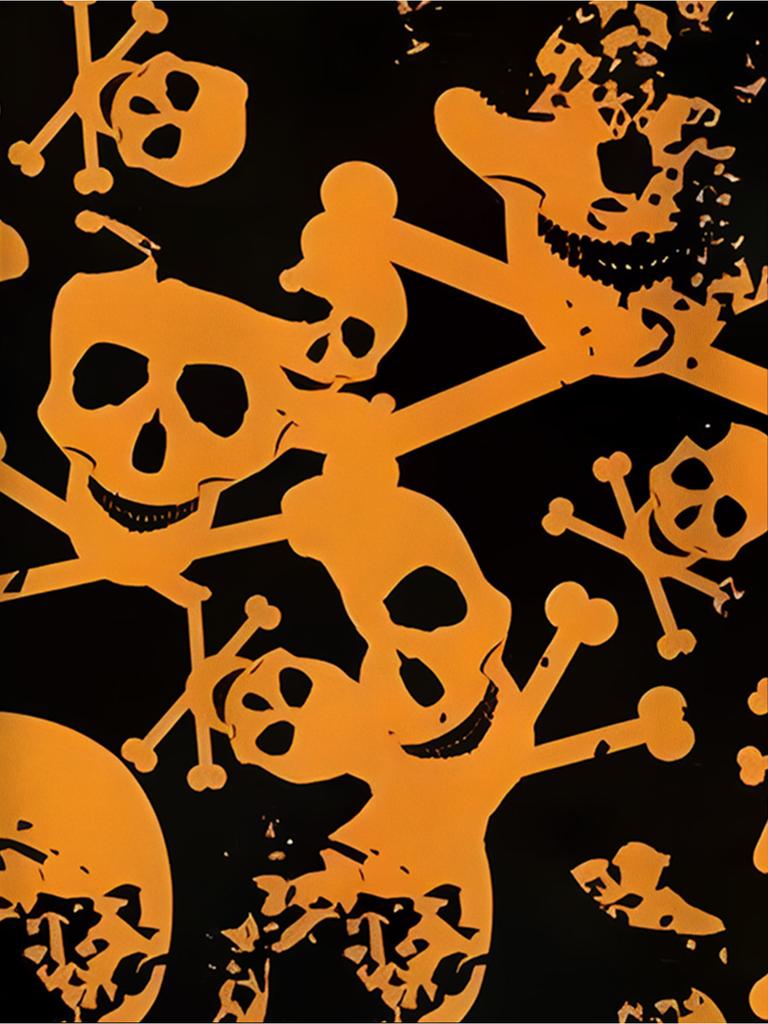 [Printed Design - Not Texture] Men'S Black And Orange Skull Graffiti Short Sleeve Shirt, Summer Western Style Lapel Casual Shirt, Trendy Cardigan Top,