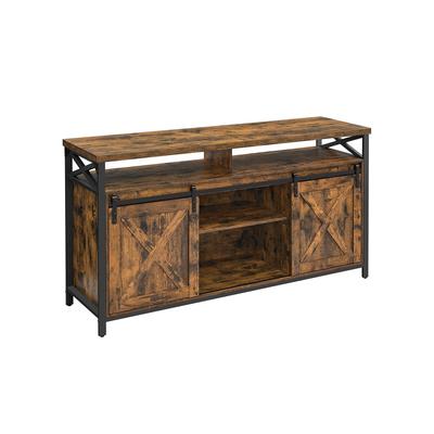 TV-Schrank, 65 Zoll TV-Ständer, mit verstellbaren Regalen, Scheunentüren, Bauernhaus-Design, Metallrahmen, Rustikales Braun und Schwarz