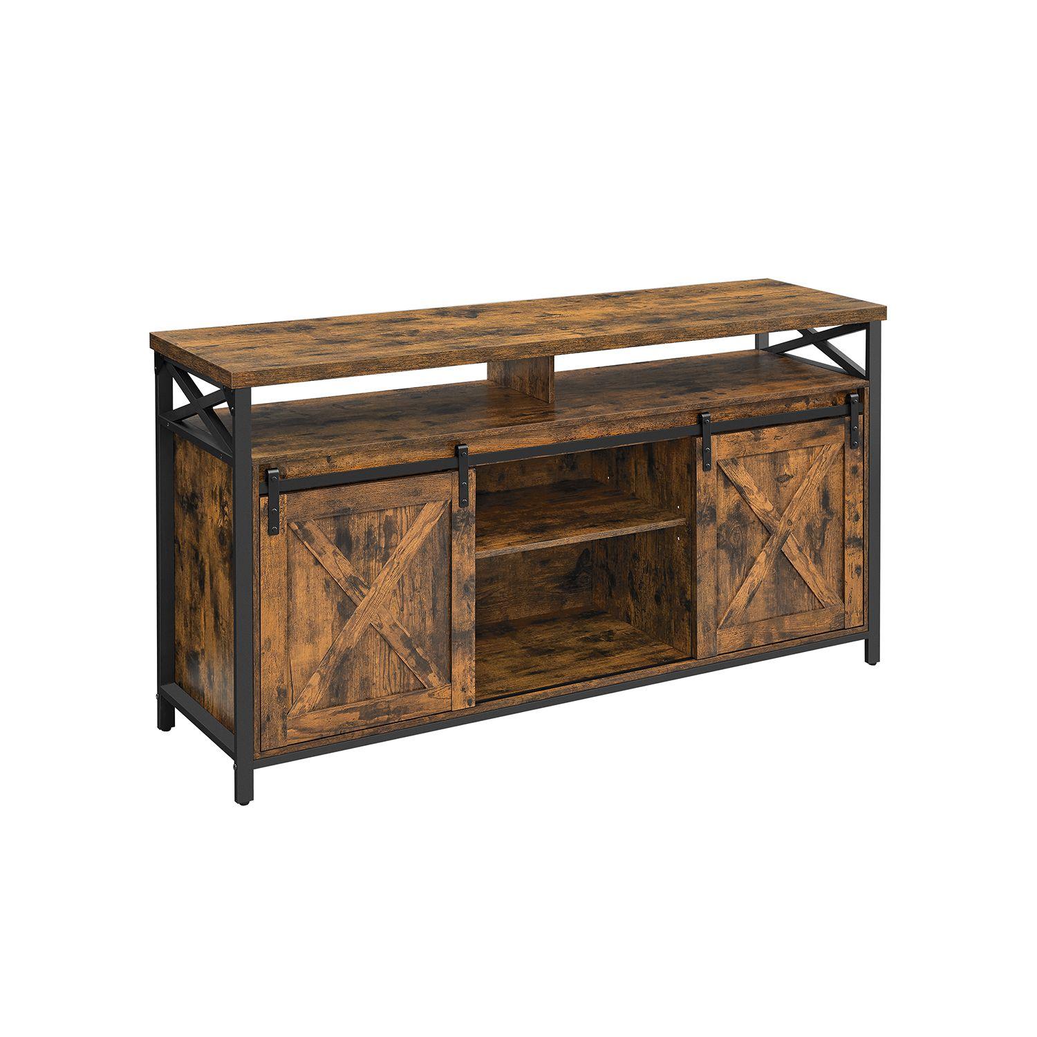 VASAGLE TV-Schrank, 65 Zoll TV-Ständer, mit verstellbaren Regalen, Scheunentüren, Bauernhaus-Design, Metallrahmen, Rustikales Braun und Schwarz braun