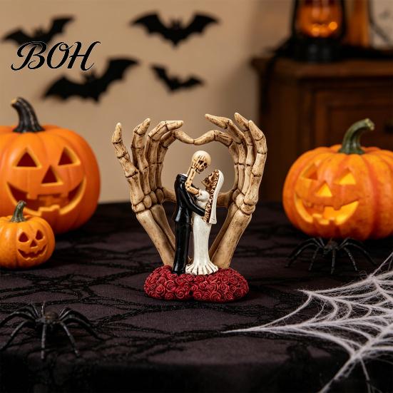 Gothic Themed Resin Collectible Skeleton Couple And Hand Ornament, with Rose Base, Durable Dark Romantic Halloween Decoration Skull Wedding Decor, for