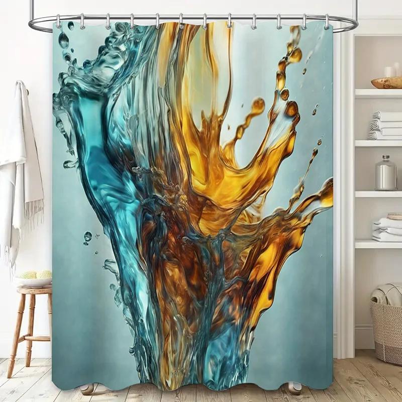 Super Soft Printed Shower Curtain Set for Bathroom Decor Blue Gold Splash Pattern