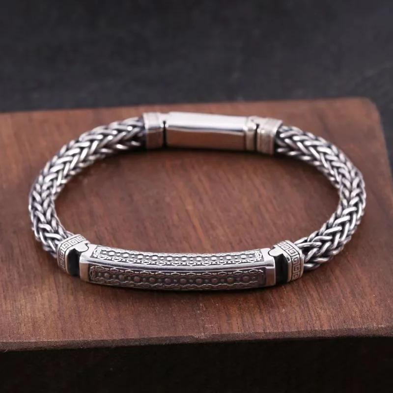 HX Silver 4mm/5mm Smycken Herrarmband Personlighet Fredsmönster Retro Hipster Nyckelmönster Spänne Present Accessoar Kedjeserie