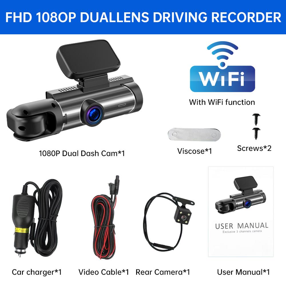 

M8 Видеорегистратор с двумя объективами: передним, салонным и задним. Одновременная запись в высоком разрешении 1080P с изображением заднего вида (front+rear) +WIFI