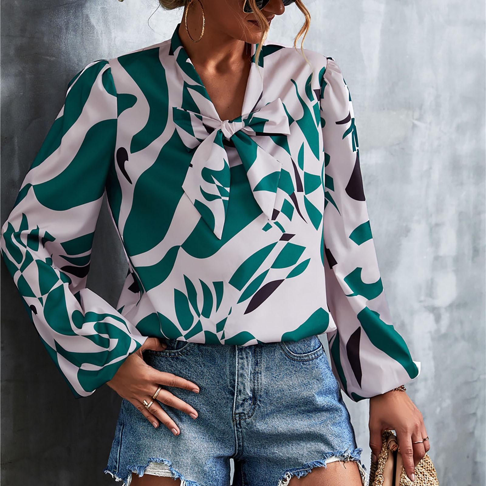Women s Boho Lace-Up V-Neck Vintage Long Sleeve Print Shirt Top L
