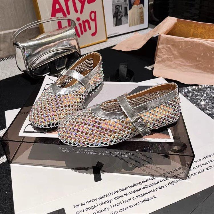 

European Station Rhinestone One Word Mary Jane Hollow Mesh Ballet Shoes Fishnet Shoes Single Shoes Loafers Boat Shoes Women s Shoes 40