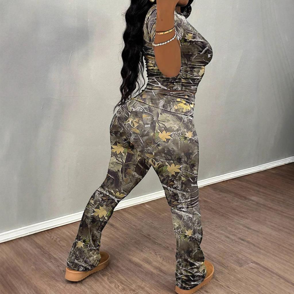 Spring and Autumn new casual fashion random printed short-sleeved T-shirt trousers women's suit