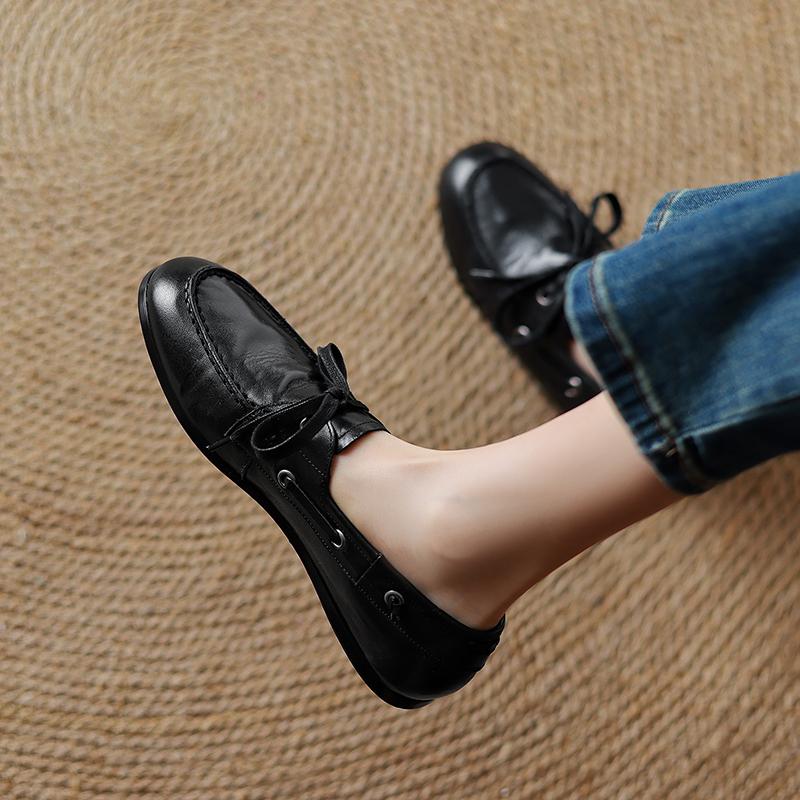 Fashion Cow Leather Round Toe Women Flat Shoes Casual Loafers Women Shoes Without Heel 2025 New Spring Autumn Mules Woman Simple Shoes