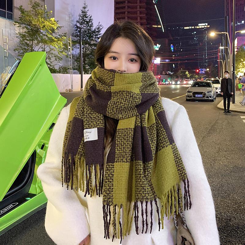 Thick Imitation Cashmere Large Checkered Tassel Scarf for Girls in Autumn and Winter Retro Long Shawl Showing Face Small Warm Scarf