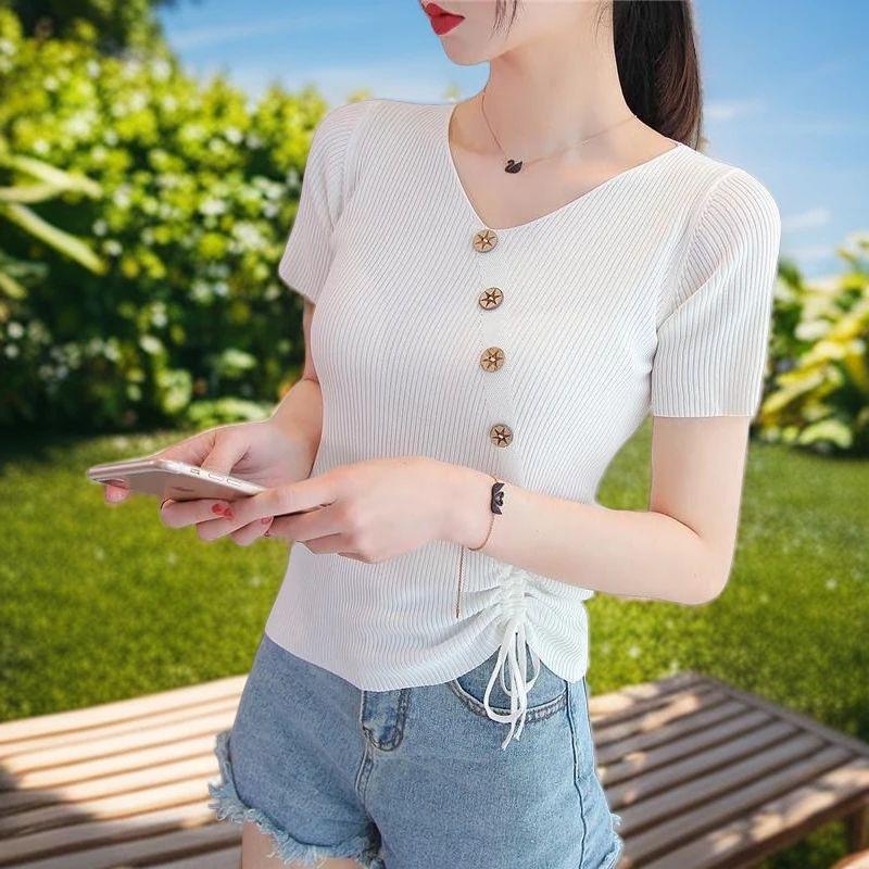 Women's Ice Silk V-neck Tie-Up Short-Sleeve Knitted Top, 2025 Summer Slim-Fit Button Pullover