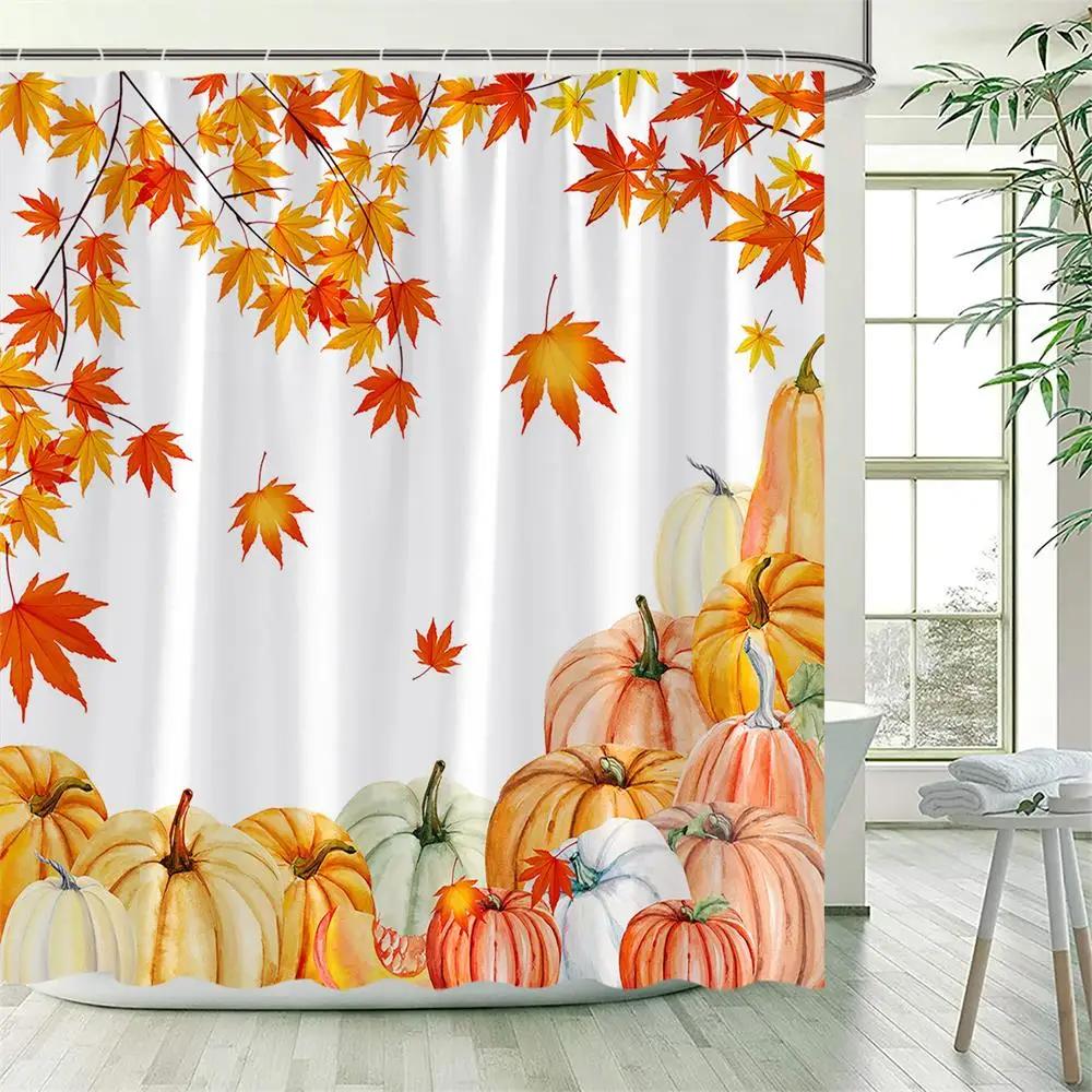 Fall Maple Leaves Shower Curtains Rustic Farm Truck Sunflower Pumpkin Squirrel Autumn Thanksgiving Bathroom Decor Set With Hooks