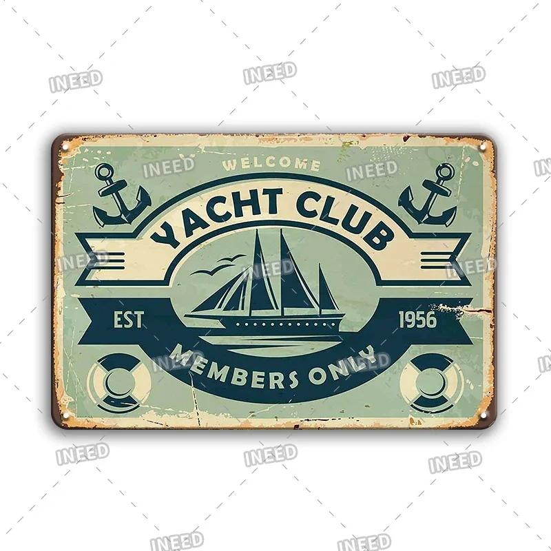 Vintage Yacht Club Art Decor Metal Poster, Retro Boat, Anchor Iron Painting, Personalized Man Cave, Beach Bar Decor Plaques