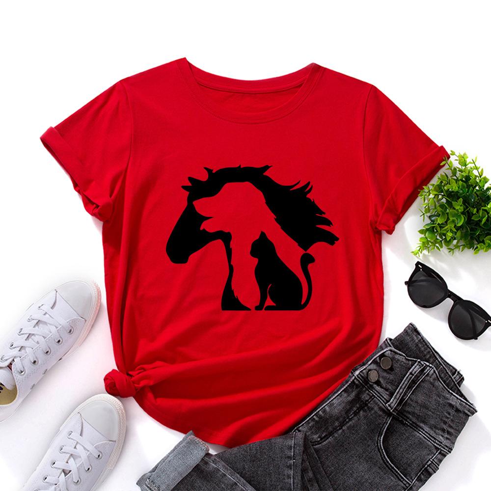 Silhouette Animals Cotton T-Shirt Short Sleeve Round Neck Women 2d Print Tops