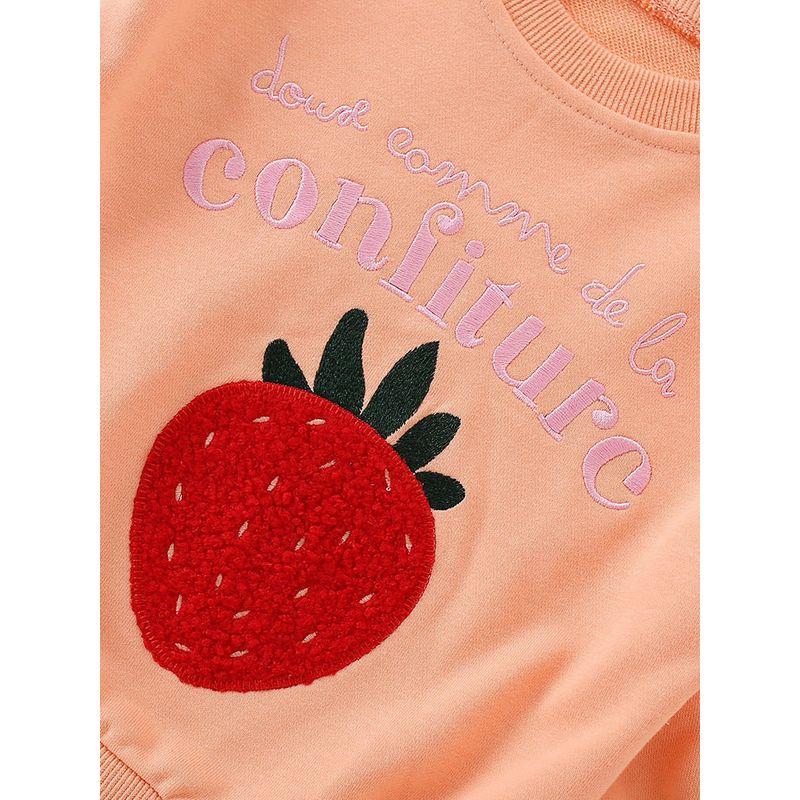 For Spring and Autumn with Sweet Strawberry Embroidery and Lettering, Pullover Top for Little Girls, Pure Cotton Long-Sleeve Base Shirt, Trendy
