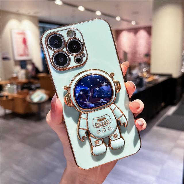 Luksus Blå Belægning Stjerne Astronaut Stand Telefon Cover Til iPhone 15 14 13 Mini 12 11 Pro Max X Xs Xr 7 8 16 Plus Blød Holder Cover