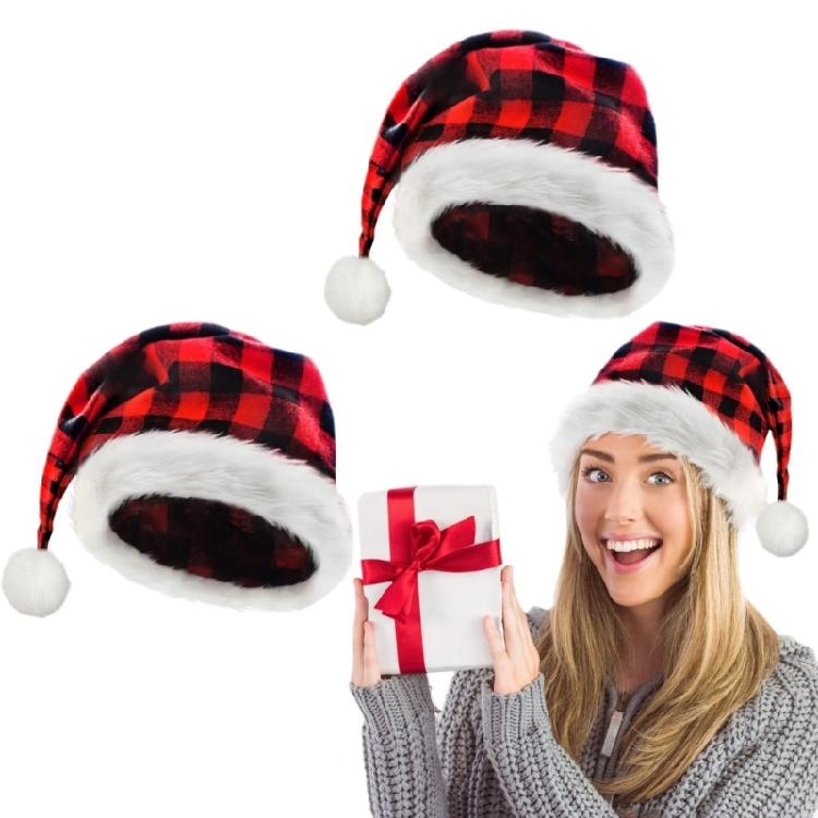 Christmas Theme Party Hat for Adult Furry Plush Trim Santa Caps with Plaids Pattern Festival Costume Noel Hat for Holiday