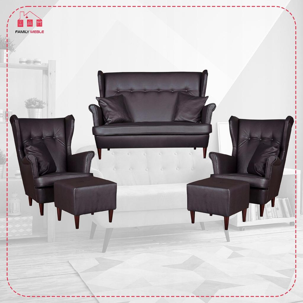 Lounge Set of Furniture Wingback Eco Leather Sofa Armchairs Poufs Family Furniture Set