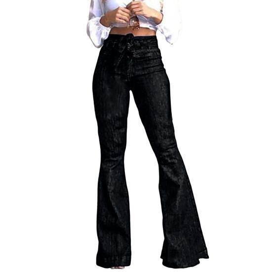 

Женские джинсы с высокой эластичностью, широкие брюки, шнуровка, пуговица, застежка-молния, джинсовые брюки с карманами, для отпуска, на каждый день L чёрный