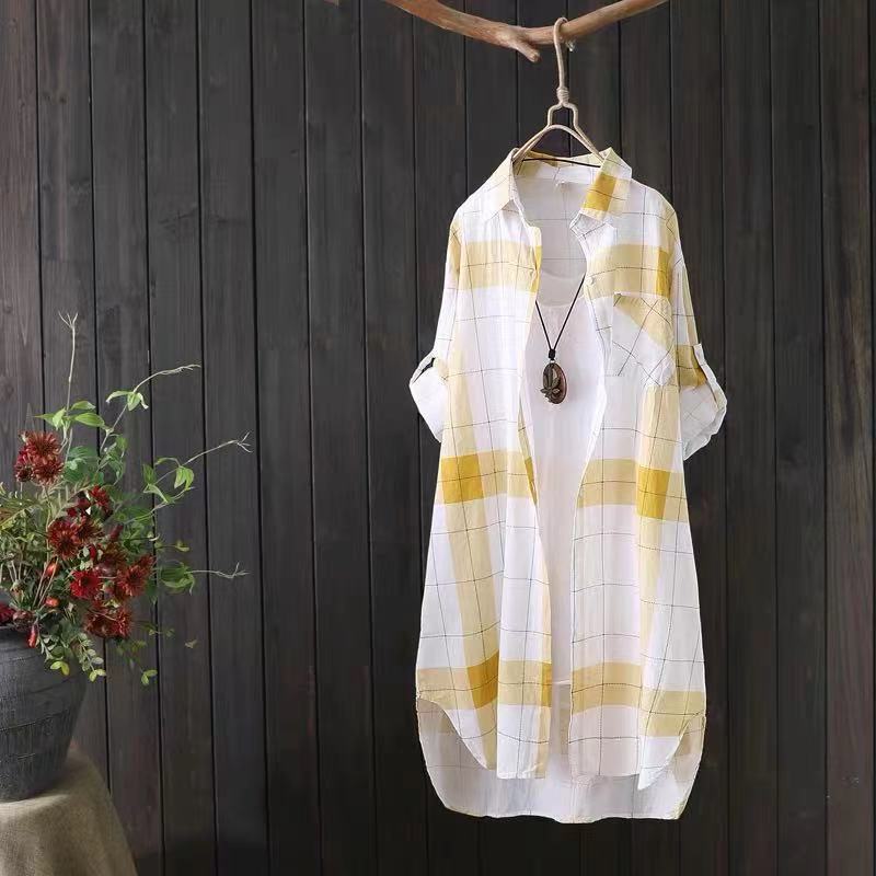 Damen Hemd mit Knöpfen Elegant Chic Damen Oberteil Kariert Vintage Leinen Langarm Chinesische Hemden Blusen Kleidung