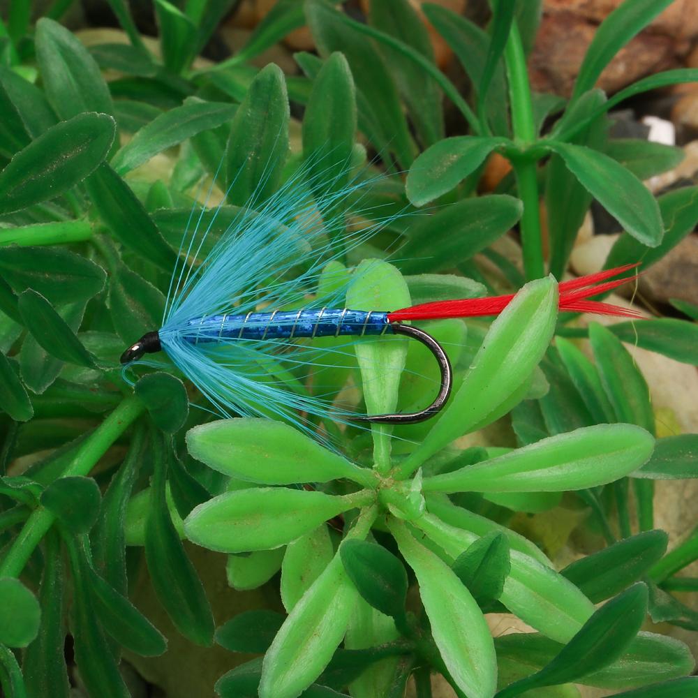 Bimoo 4# Blue Red Silver-Butcher Fly Rooster Hackle Realistic May Fly Adult Nymph for Trout Grayling Fishing Lures