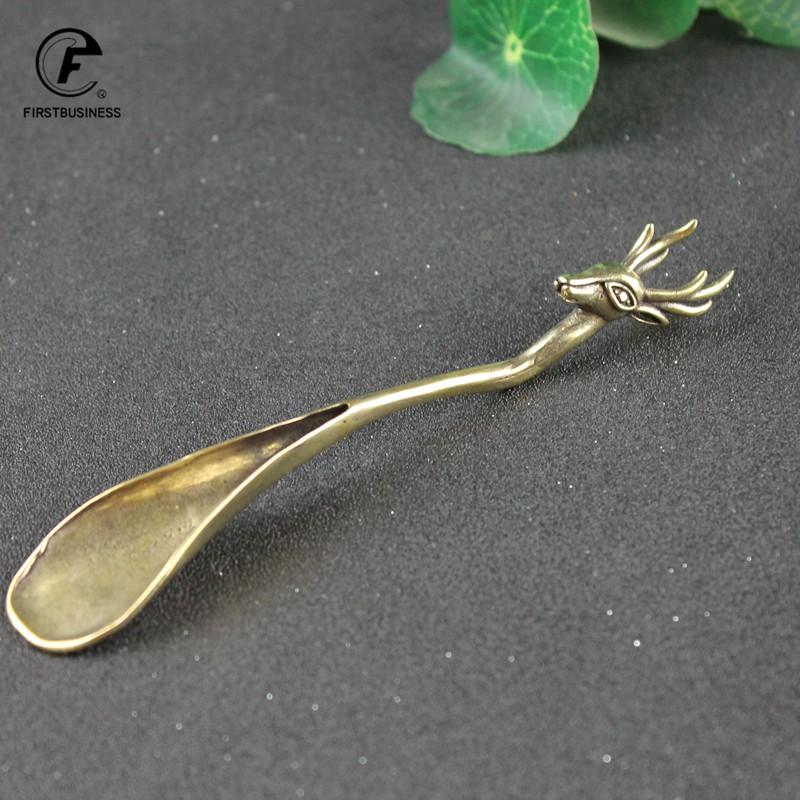 NEWEST Tea Scoops Shovel Brass Copper Deer Head Coffee Black Tea Spoon Powder Teaspoon Teaware Tea Ceremony Ice Cream