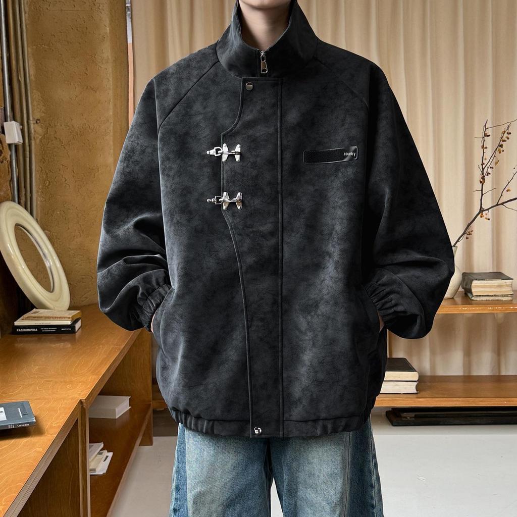 Men's Retro Tie-Dye PU Leather Jacket with Metal Airplane Buckle and Stand Collar - Autumn/Winter Outerwear