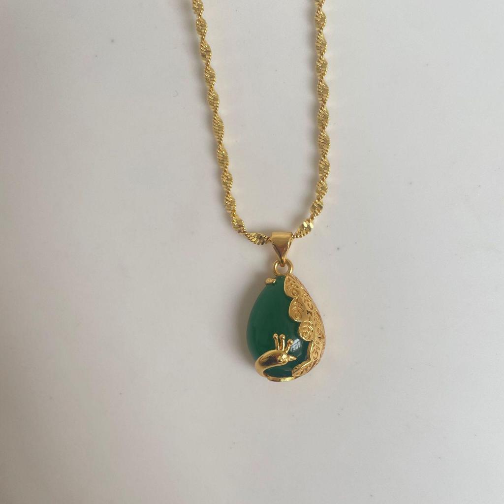 Ethnic Peacock Necklace: Brass Gold-Plated Double Wave with Ruby & Emerald Inlay - Perfect Gift for Mom