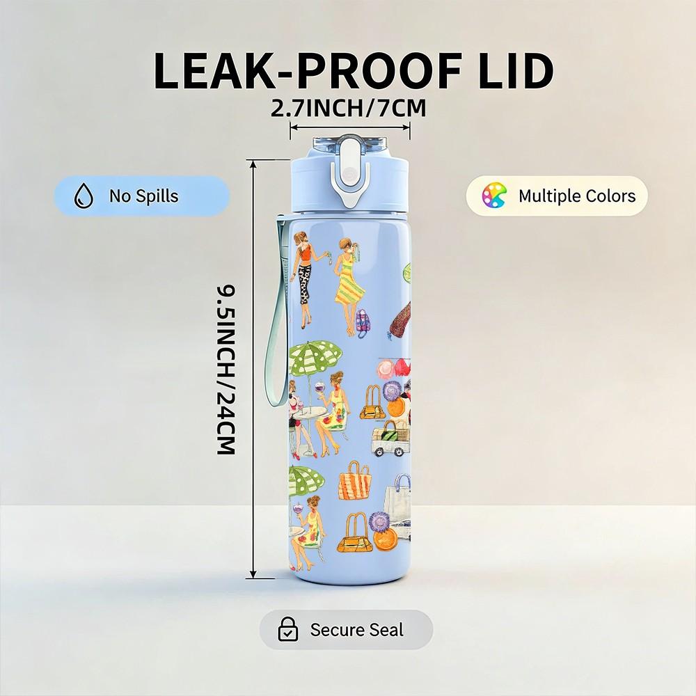 1PC Retro Folk Art Character Parade Print 750ml Color Plastic Sports Water Bottle Leakproof Flip Straw Lid Suitable for Sports Office Home Use