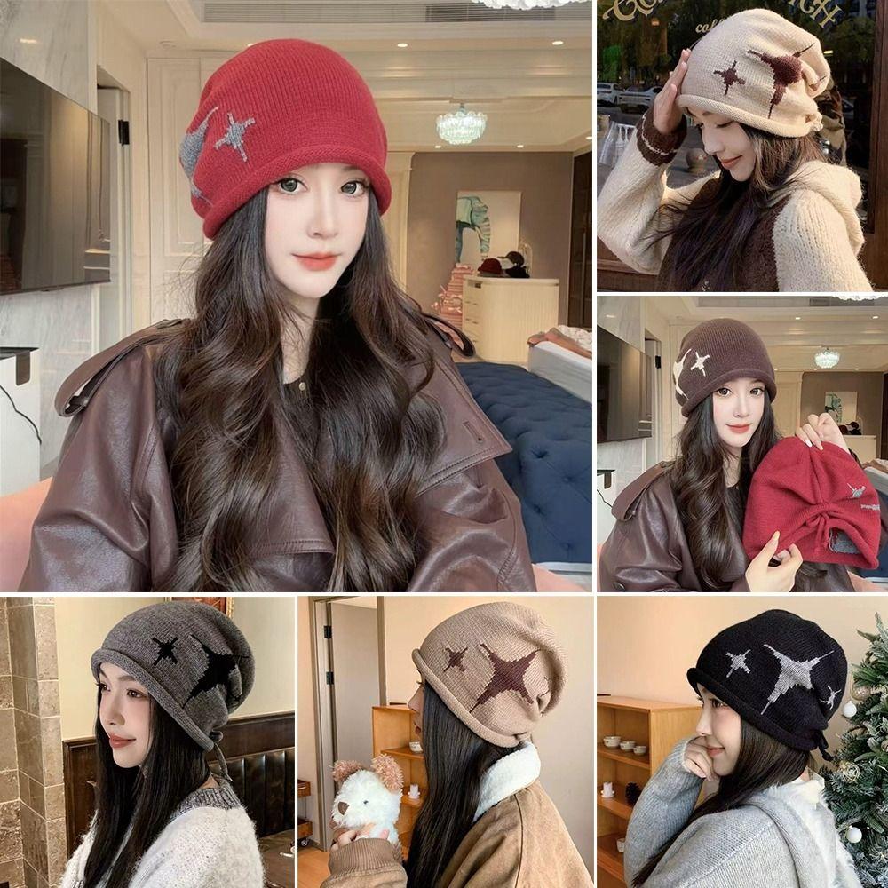 Fashion Star Pattern Knitted Woolen Hat Thickened Windproof Cover Head Cap Keep Warm Cold-proof Drawstring Beanie Cap Women