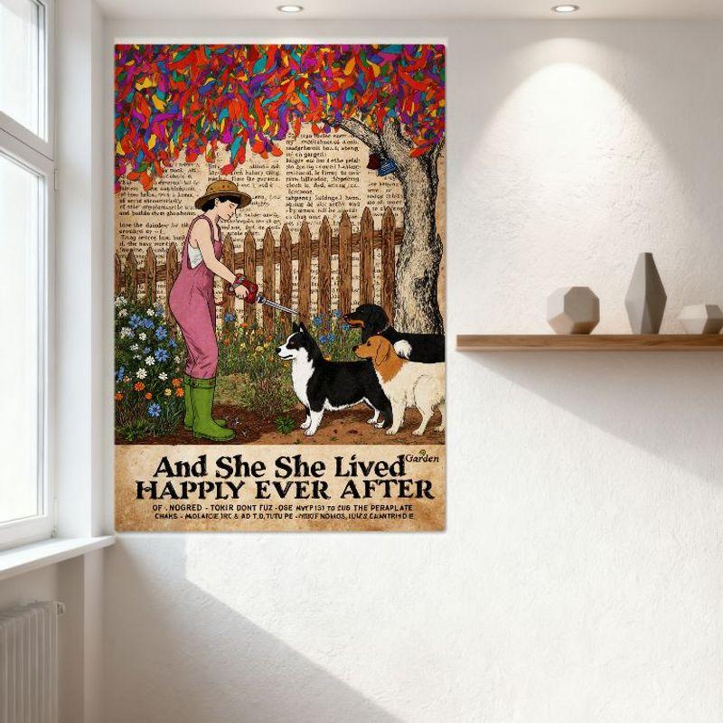 Skurriles Vintage-Garten-Frau mit Hunden beim Pflanzenbewässern Blechschild Metallposter, Märchenstil Wanddeko für Zuhause Bar Café, 8x12