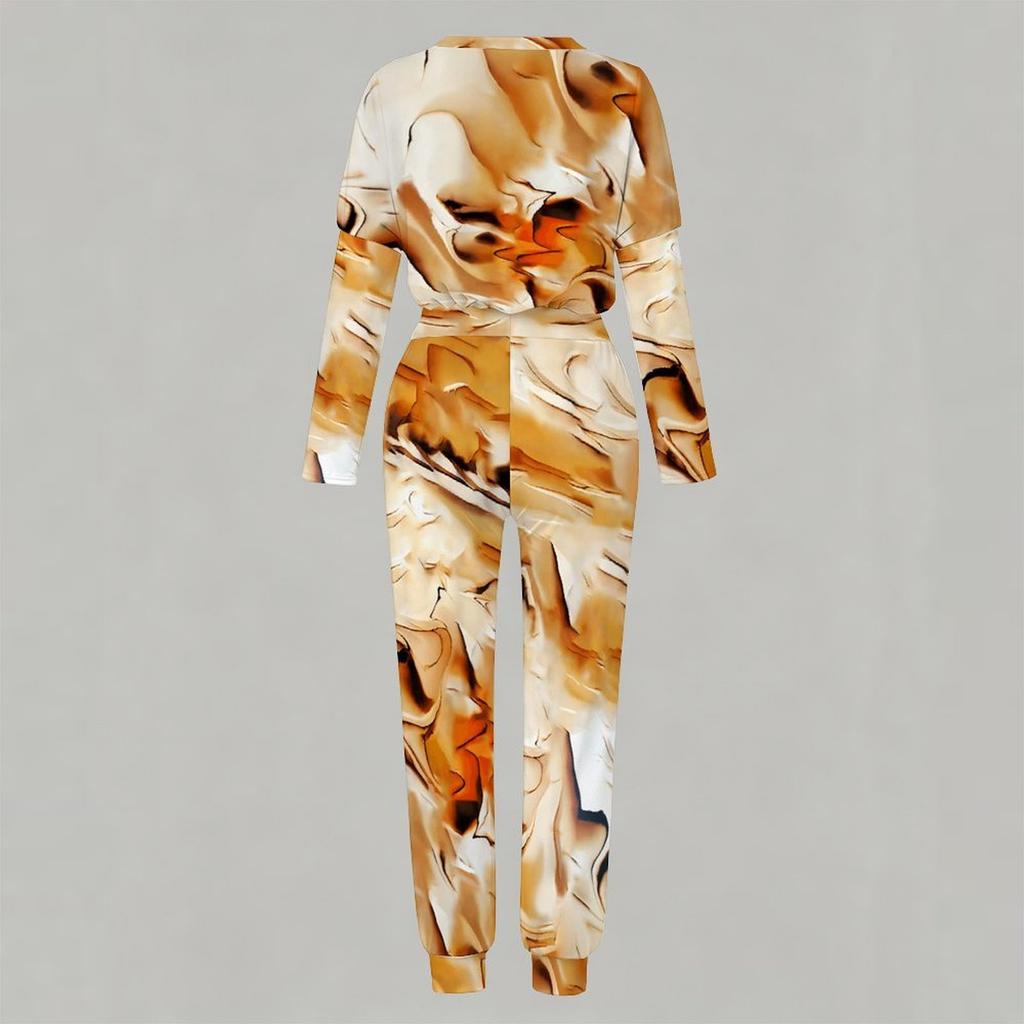 Women Long Sleeve Crew Neck Blouse And High Waist Straight Leg Pants Two Piece Everyday Casual Wear