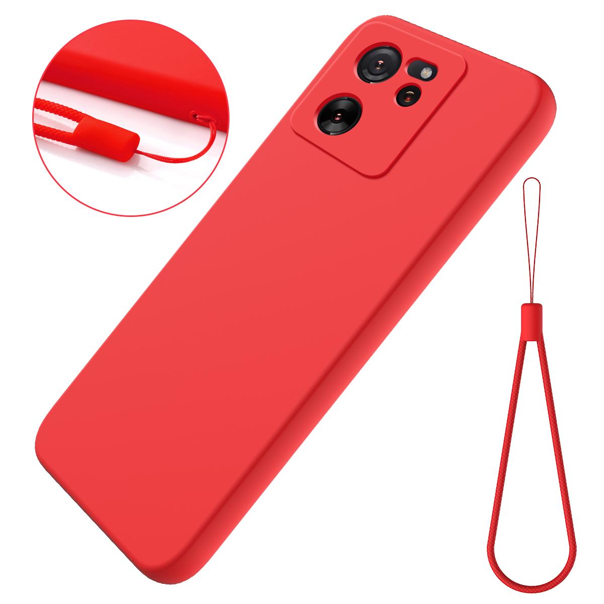 

For Xiaomi 13T Pro/13T/Redmi K60 Ultra Case Soft Lining Liquid Silicone Phone Covering Shell with Strap Red