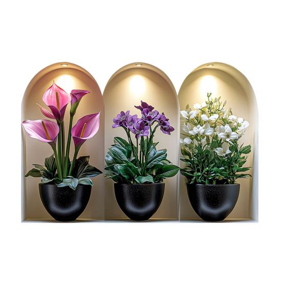 3Pcs 3D Flower Wall Stickers, Realistic Flowers Vase Wall Decals, Waterproof Self-Adhesive Potted Plants Stickers, Greenery Wall Stickers for Living