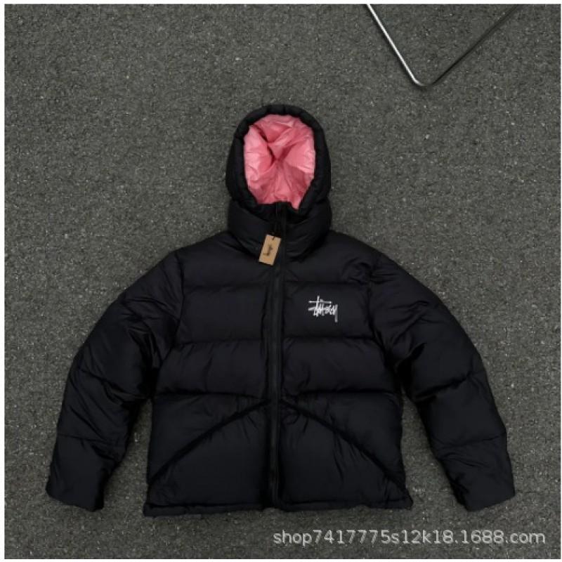 Unisex Kapuzen-Pufferjacke Baumwollfüllung Warmer Wintermantel Lockere Passform Reißverschluss vorne Bestickt Einfarbige