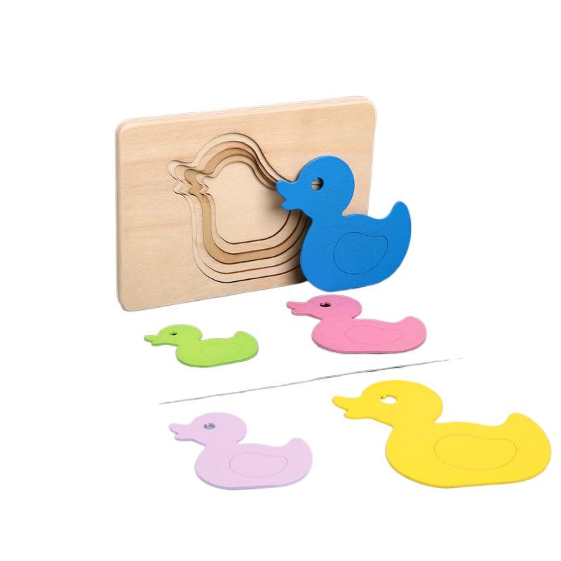Montessori Panel Animal Puzzle Toy Wooden 3D Multilayer Gradient Color Elephant Duck Puzzle Early Learning Color Cognitive Panel