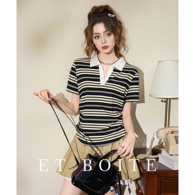

Women s Striped Lapel Contrast Short Sleeve T-Shirt XL