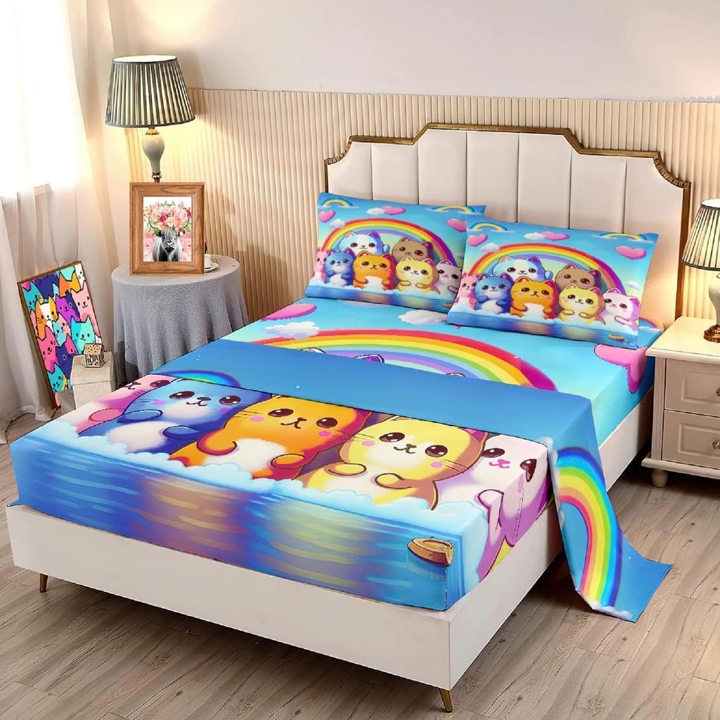 Cute Cartoon Cat Pattern Bed Hat Four-Piece Bedding Set Bedroom Dormitory Bedding Decoration