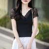 Spring and Summer New Style Double Curved V-Neck Lace Patchwork Knitted Shirt Short-Sleeve Women's Tight-Fitting Slimming Pullover T-Shirt Top