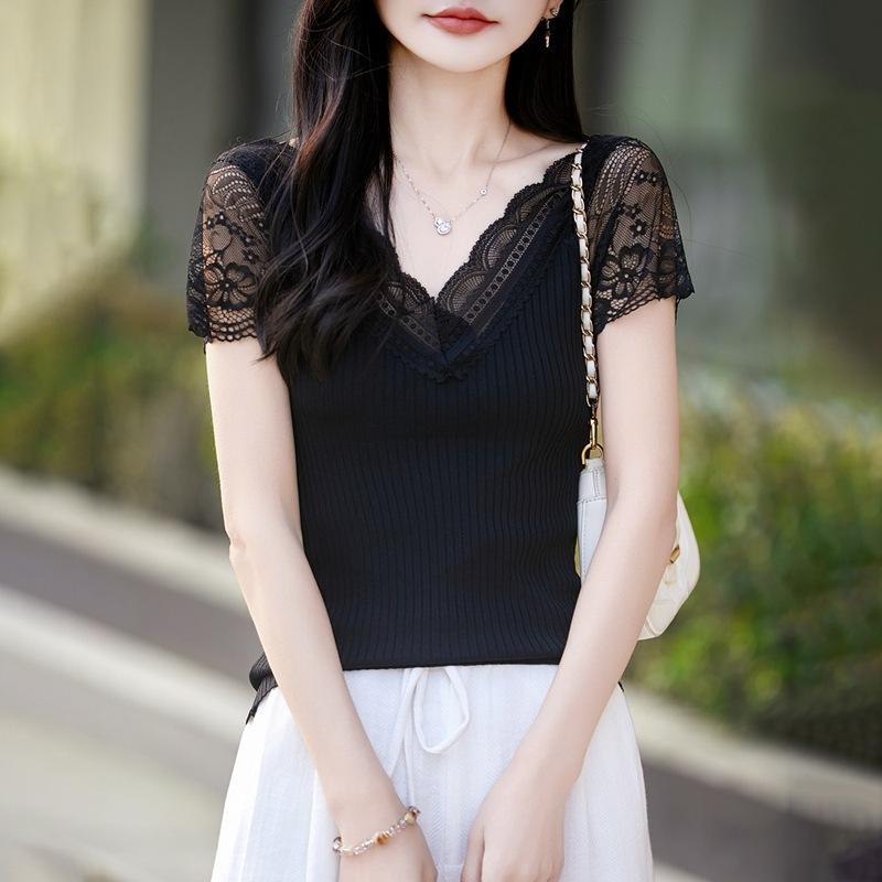 Spring and Summer New Style Double Curved V-Neck Lace Patchwork Knitted Shirt Short-Sleeve Women's Tight-Fitting Slimming Pullover T-Shirt Top