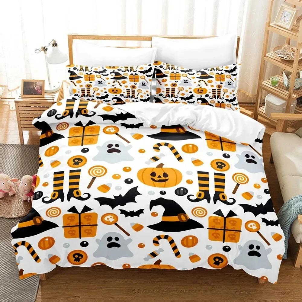 Comforter Halloween Bedding Set Kingqueen Size Cartoon Pumpkin Lantern Castle And Bat Dark Horror Night Polyester
