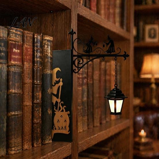 Integrated Storage Lighting Library Lantern, Decorative Bookshelf Lighting, Witch Hat Lamp for Reading Nook, Vintage Iron Bookend with Light Warm LED